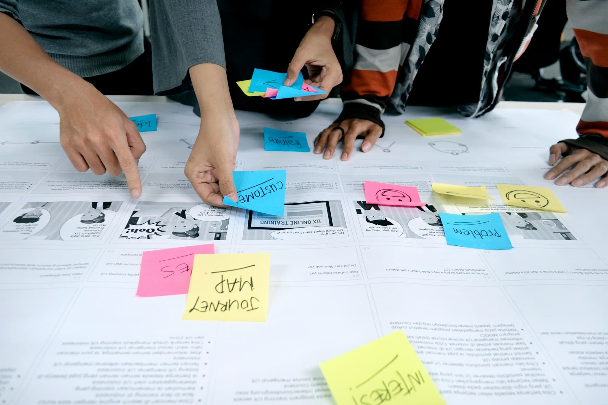 Hands arranging sticky notes across a printed journey map